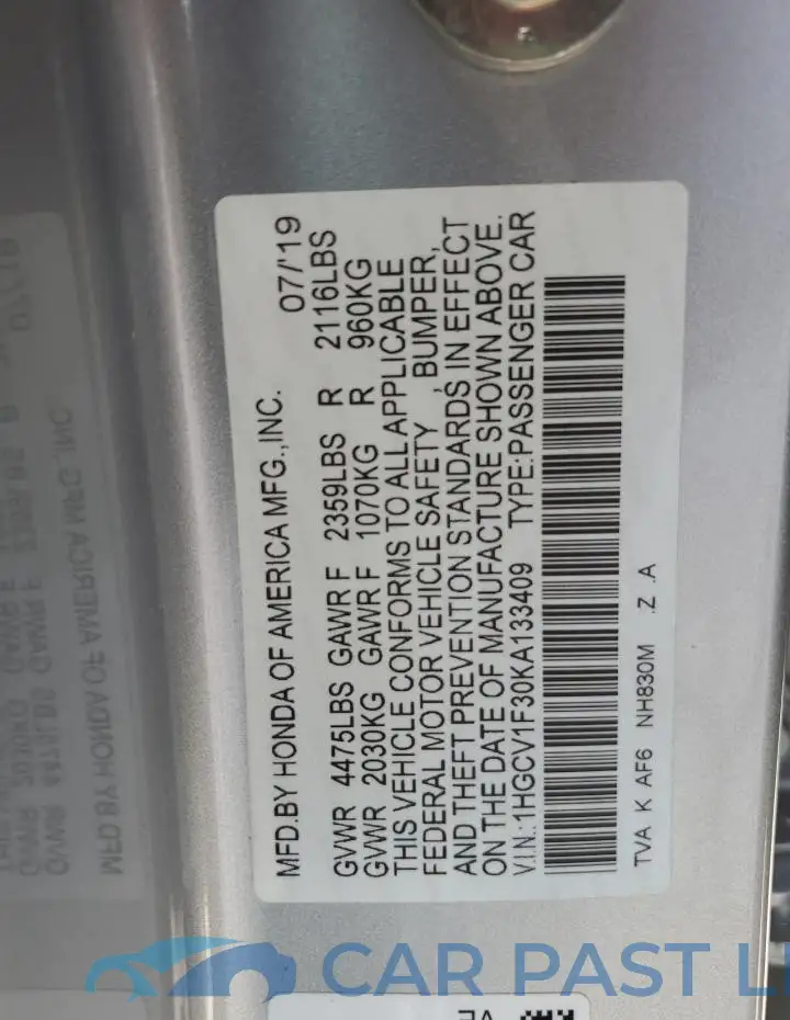 1HGCV1F30KA133409# 13