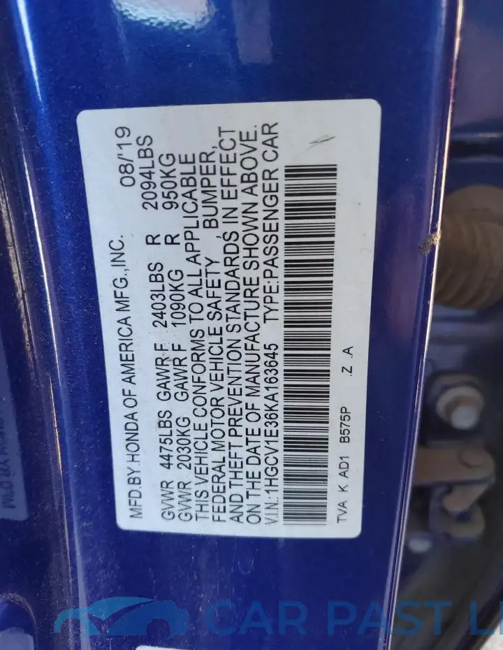 1HGCV1E36KA163645# 12