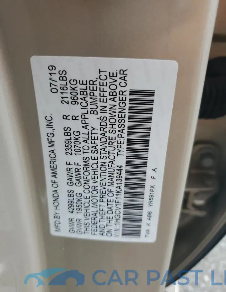1HGCV1F11KA139444# 12