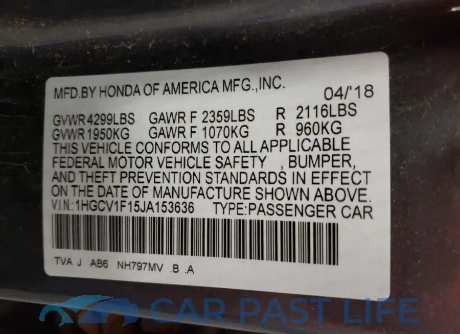 1HGCV1F15JA153636# 12