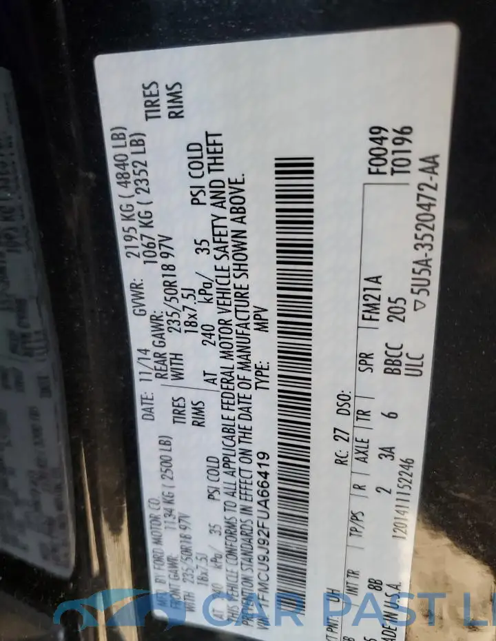 1FMCU9J92FUA66419# 13