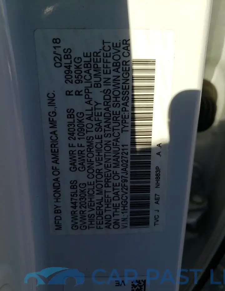 1HGCV2F97JA027211# 12