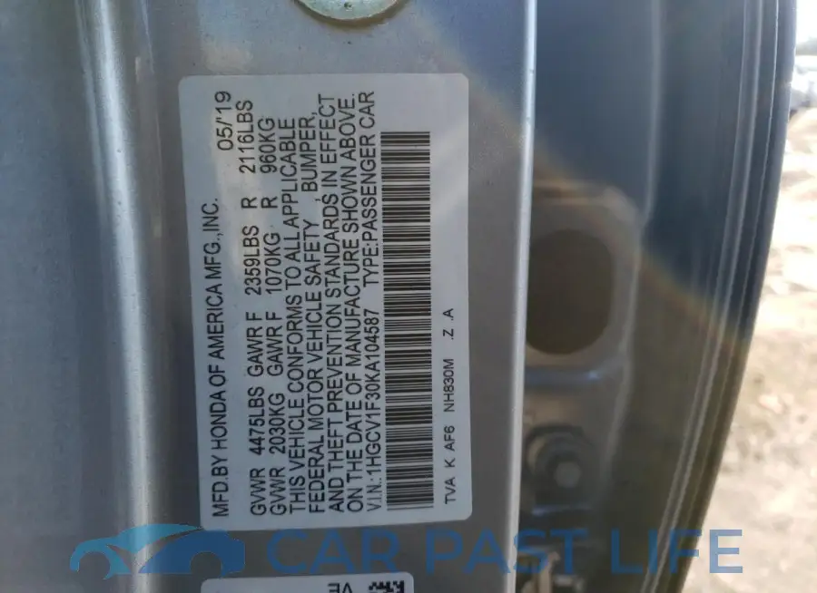1HGCV1F30KA104587# 12