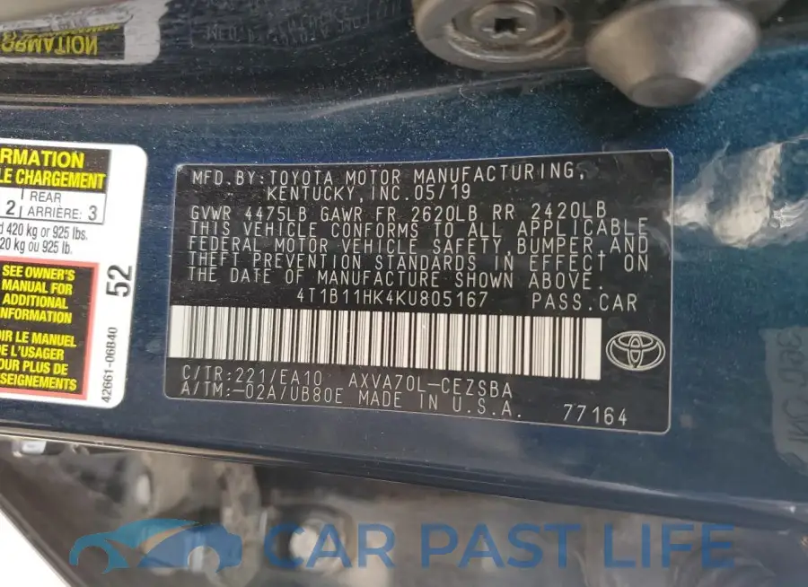 4T1B11HK4KU805167# 12