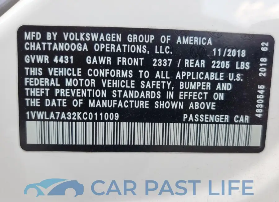 1VWLA7A32KC011009# 12