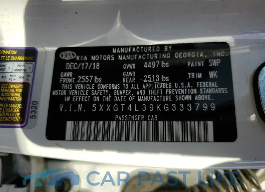 5XXGT4L39KG333799# 12