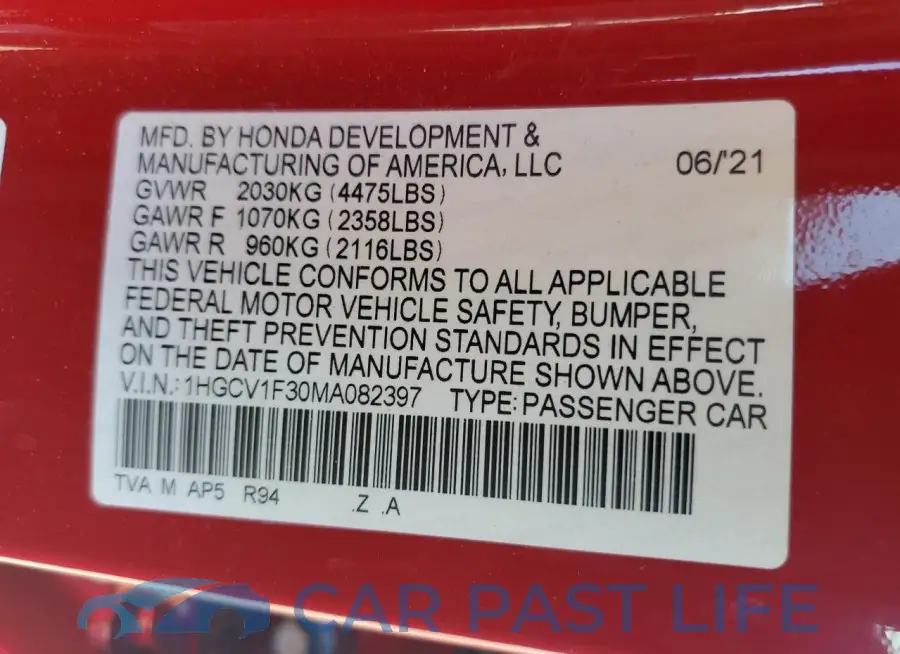 1HGCV1F30MA082397# 12