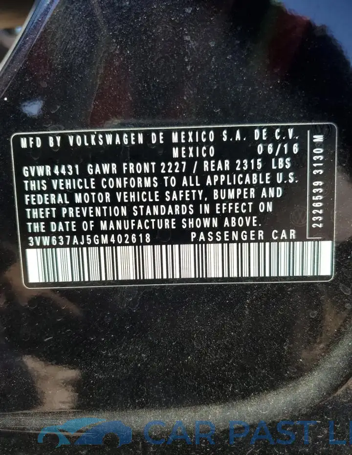 3VW637AJ5GM402618# 12