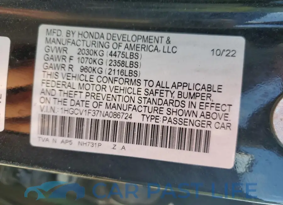 1HGCV1F37NA086724# 12