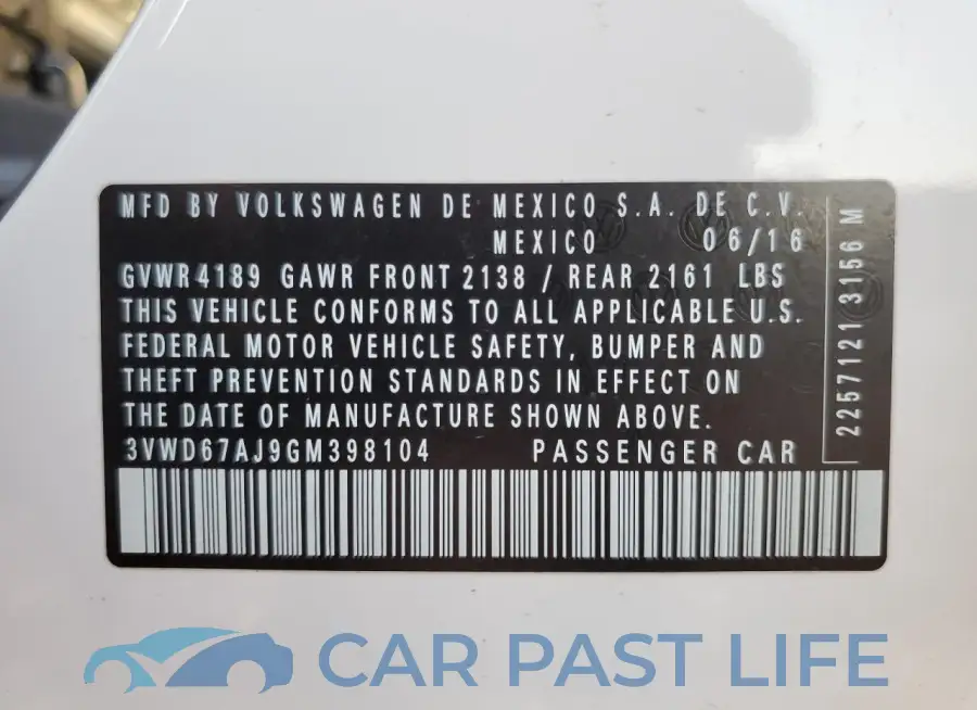 3VWD67AJ9GM398104# 12