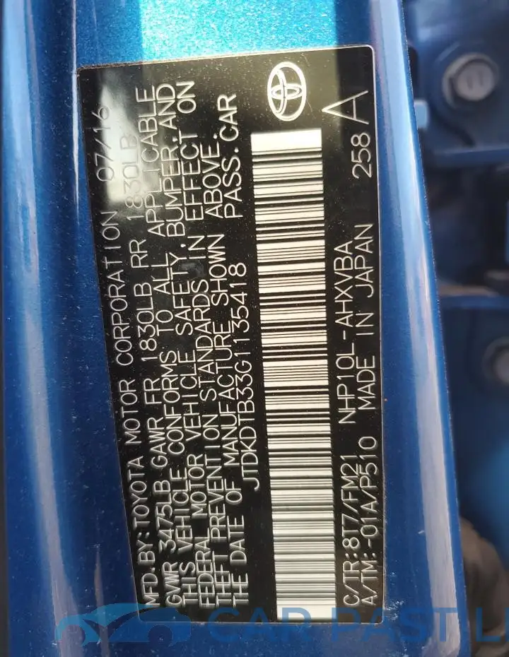 JTDKDTB33G1135418# 12