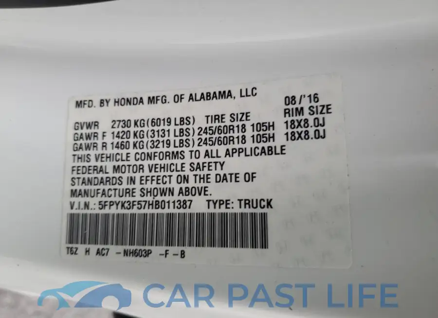 5FPYK3F57HB011387# 12