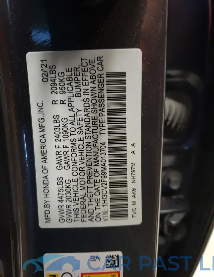 1HGCV2F99MA013704# 13