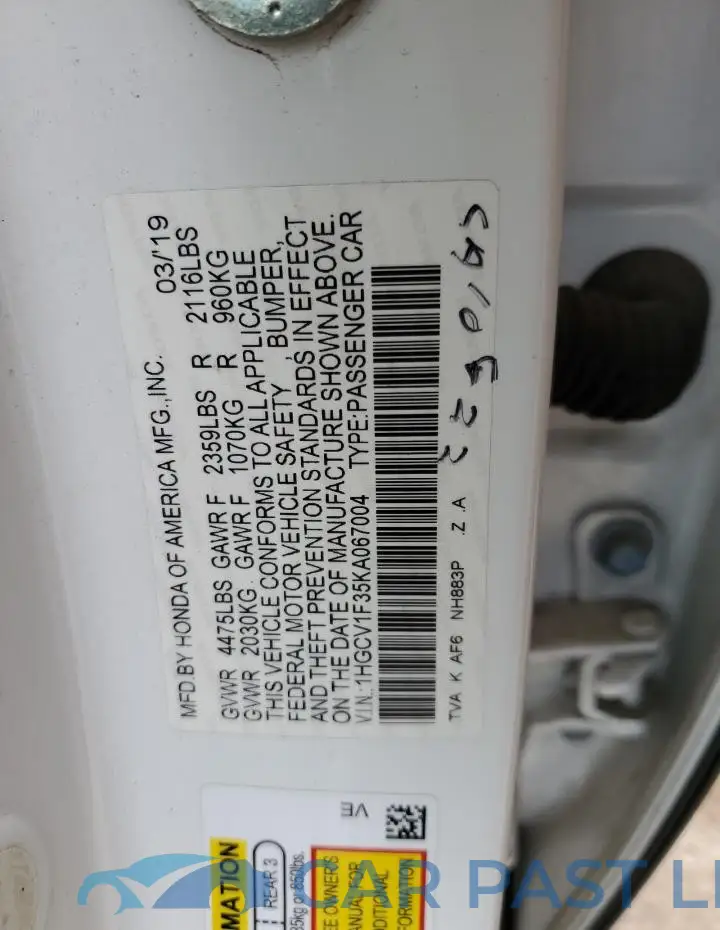 1HGCV1F35KA067004# 12