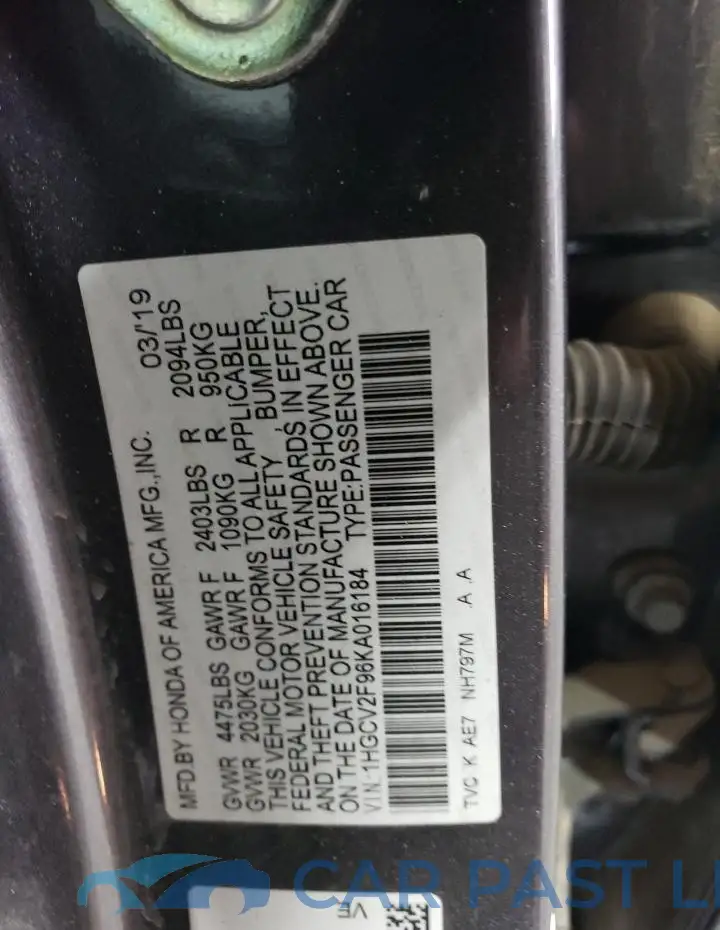 1HGCV2F96KA016184# 12