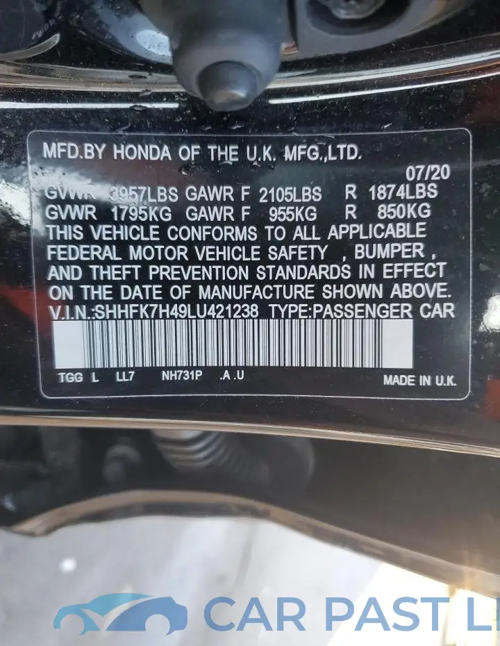 SHHFK7H49LU421238# 12
