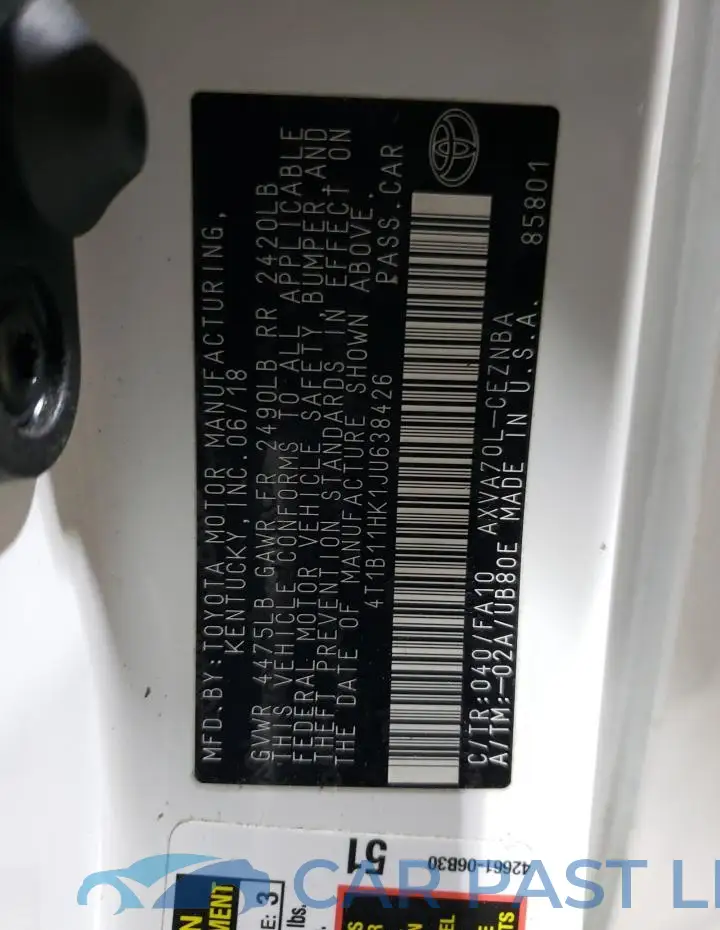 4T1B11HK1JU638426# 12