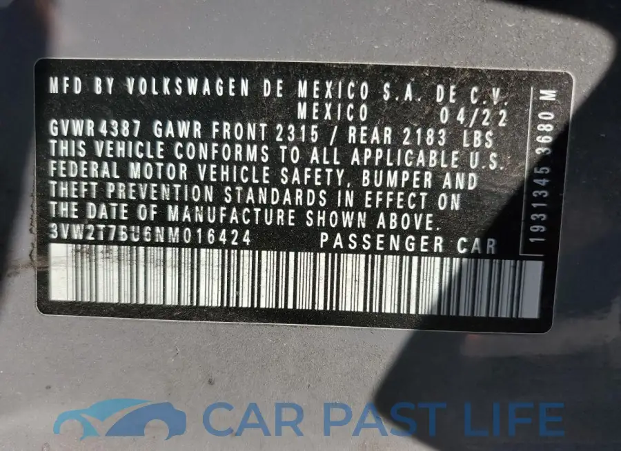 3VW2T7BU6NM016424# 12
