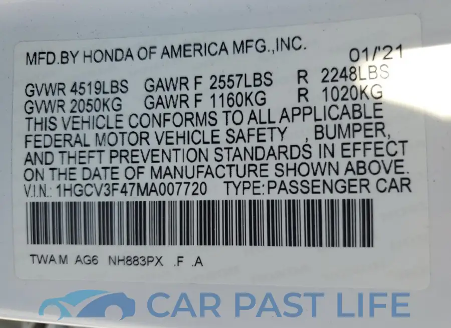 1HGCV3F47MA007720# 13