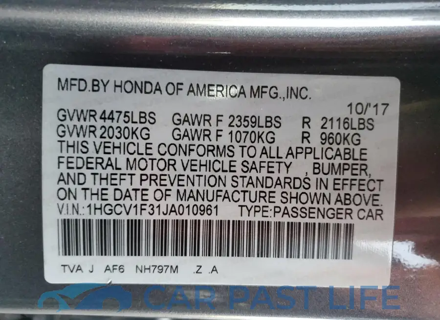 1HGCV1F31JA010961# 12