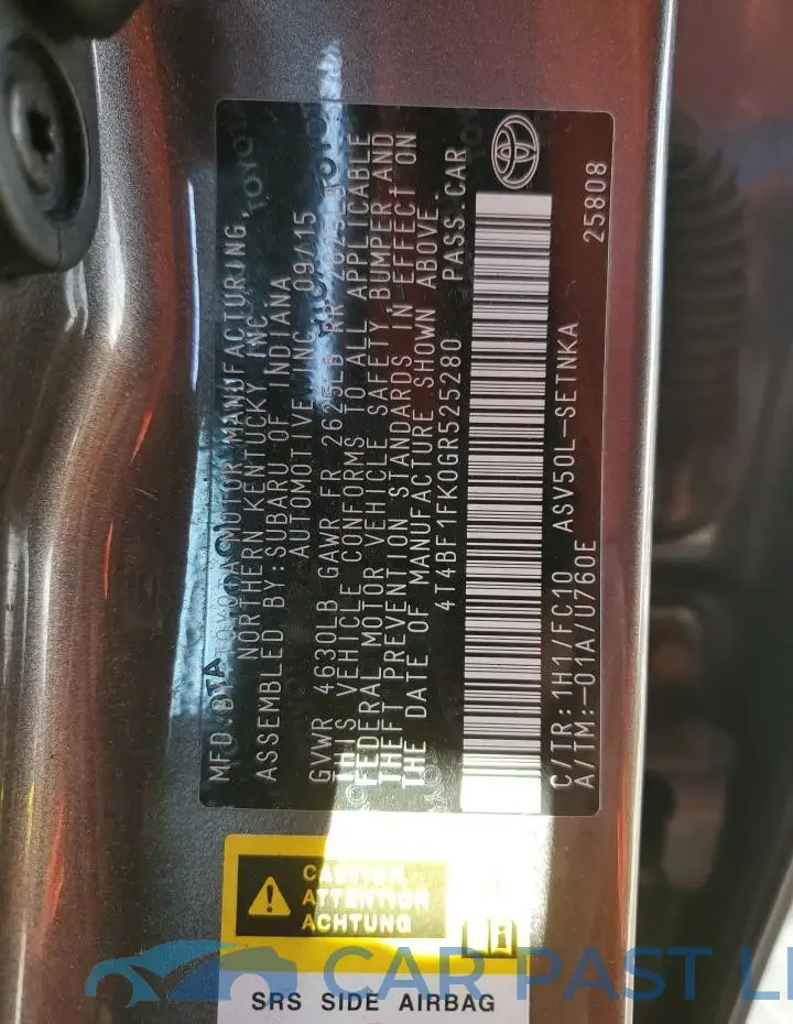 4T4BF1FK0GR525280# 12