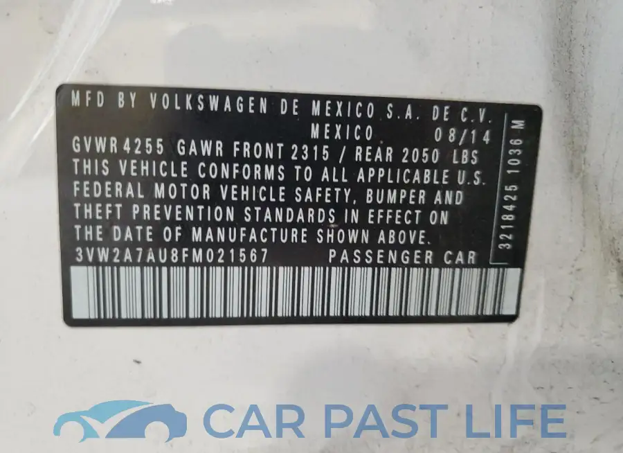 3VW2A7AU8FM021567# 12