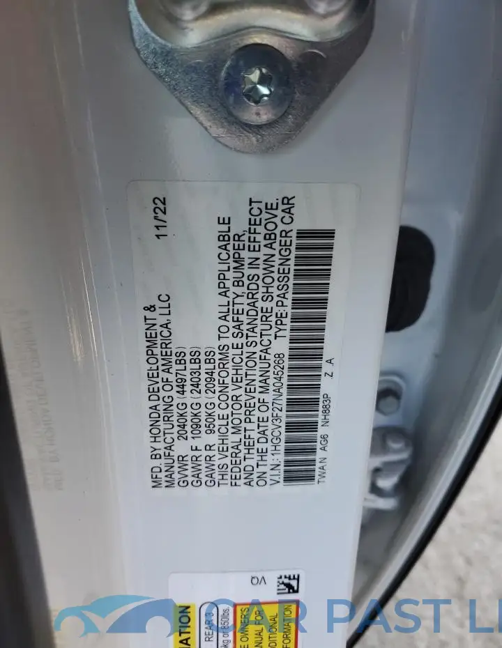 1HGCV3F27NA045268# 12