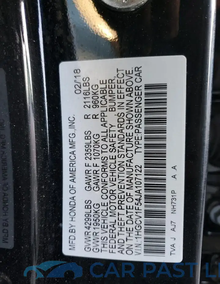 1HGCV1F54JA107122# 12