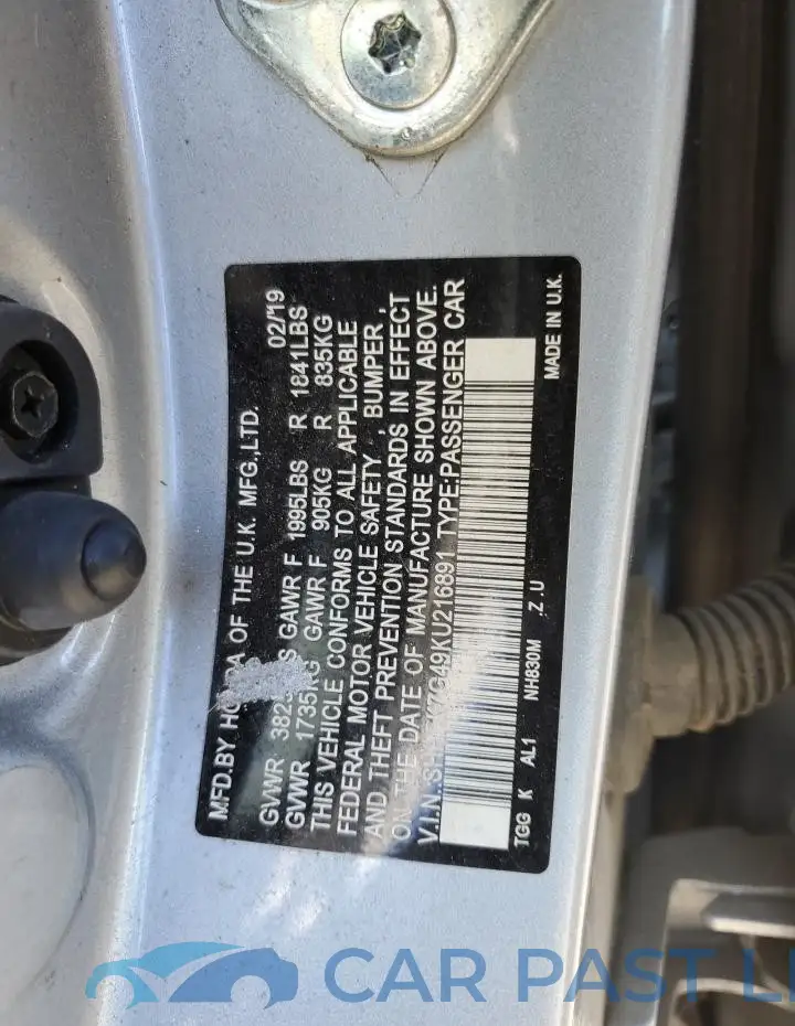 SHHFK7G49KU216891# 12
