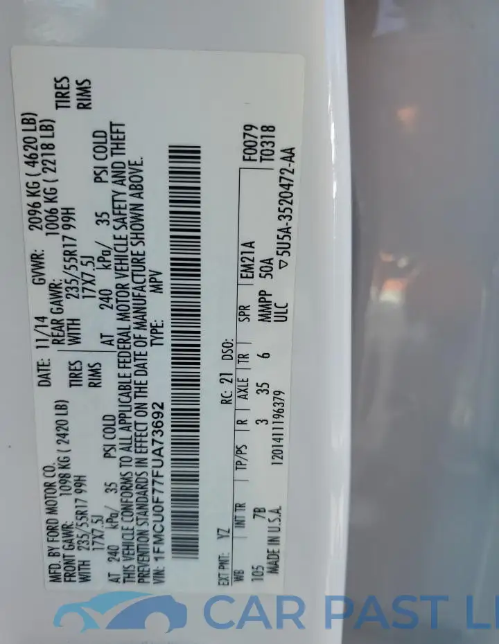 1FMCU0F77FUA73692# 12