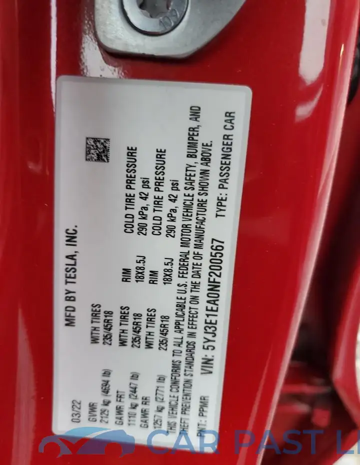 5YJ3E1EA0NF200567# 12