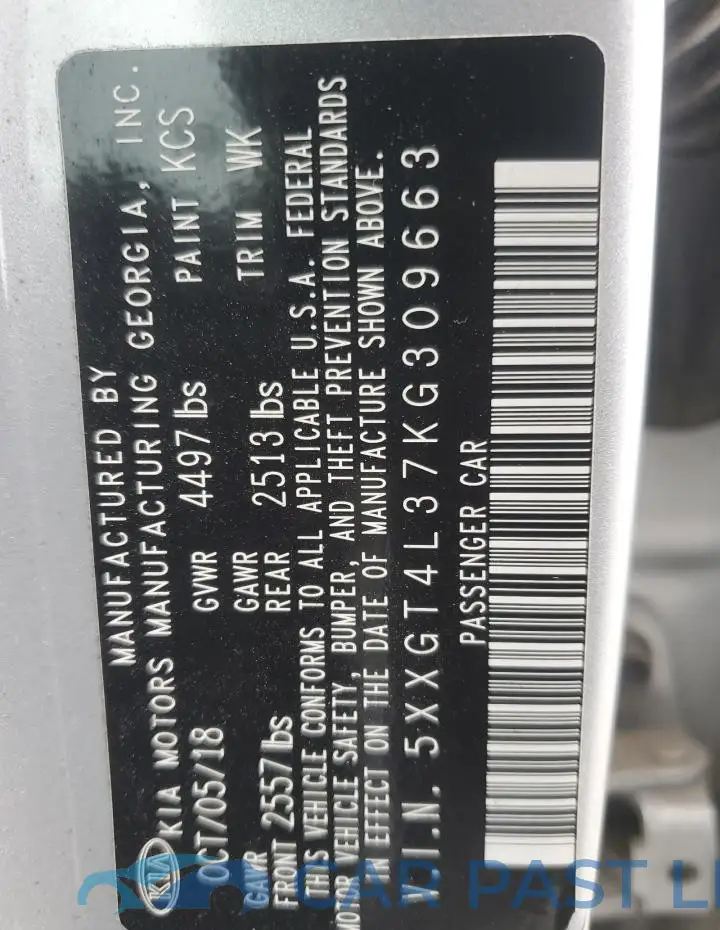 5XXGT4L37KG309663# 12