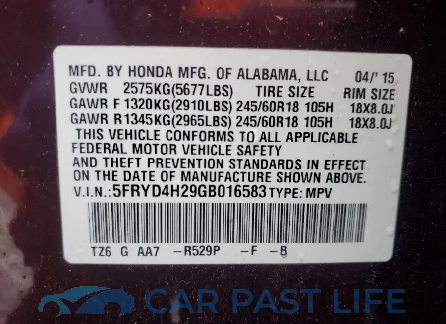 5FRYD4H29GB016583# 13