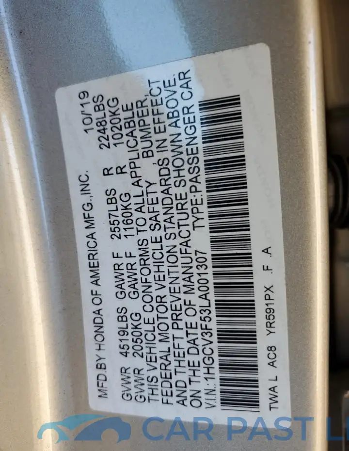1HGCV3F53LA001307# 12