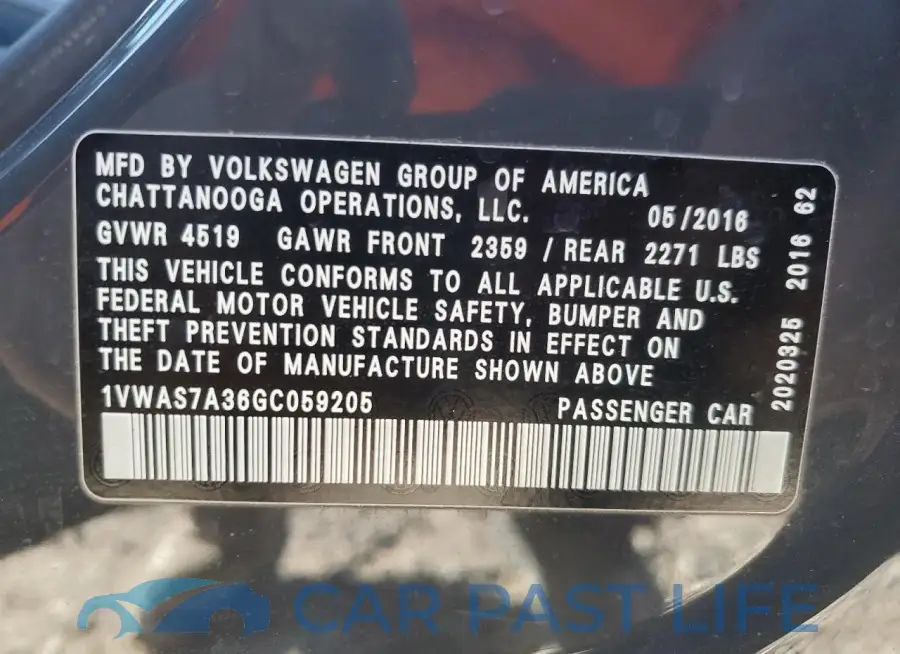 1VWAS7A36GC059205# 12