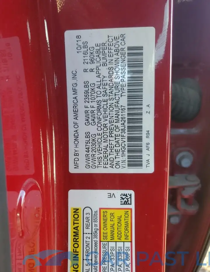 1HGCV1F38JA261167# 12