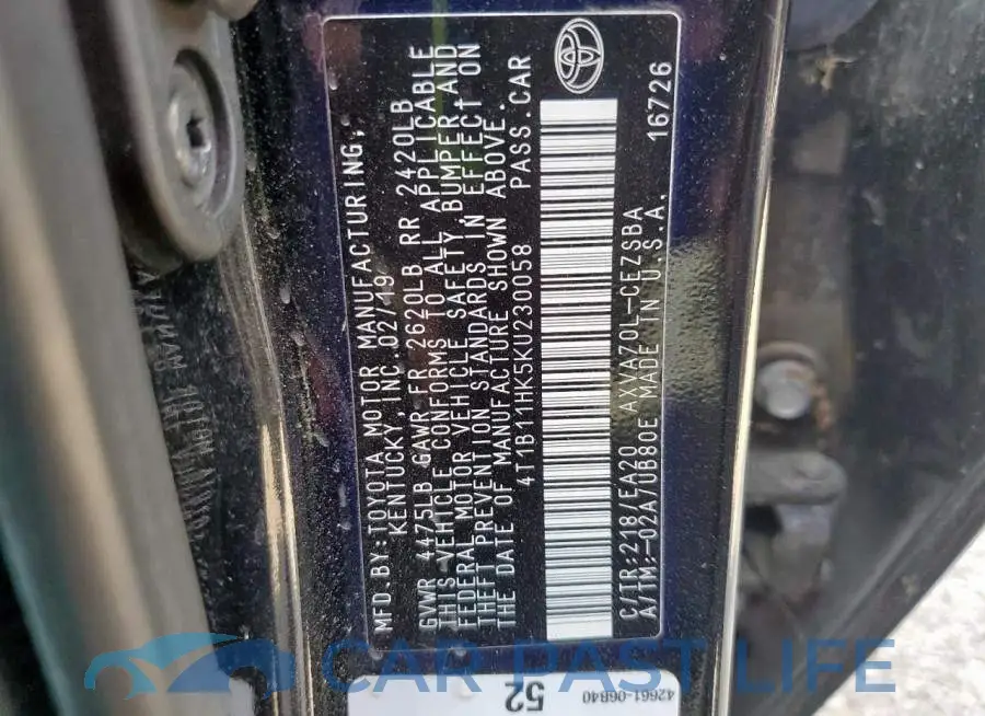 4T1B11HK5KU230058# 13