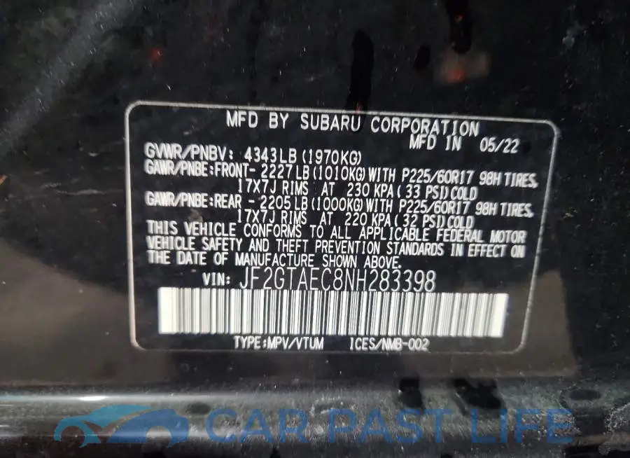 JF2GTAEC8NH283398# 13