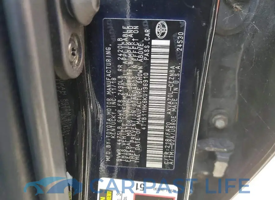 4T1B11HK6KU196910# 12