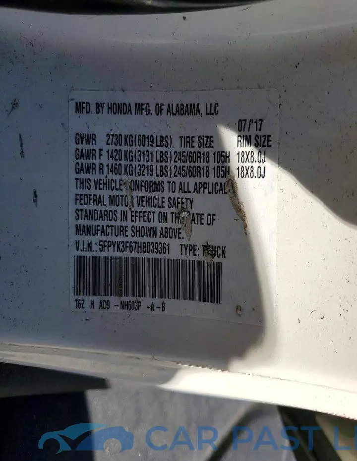5FPYK3F67HB039361# 12