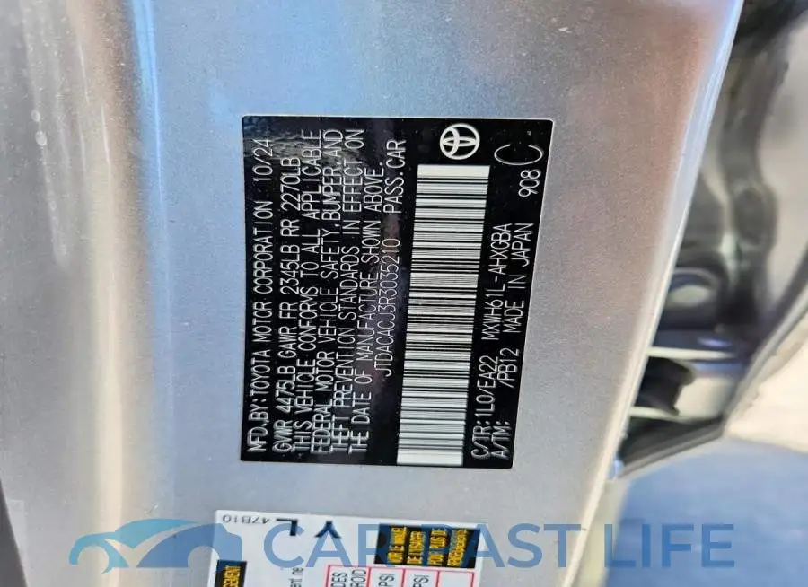JTDACACU3R3035210# 13