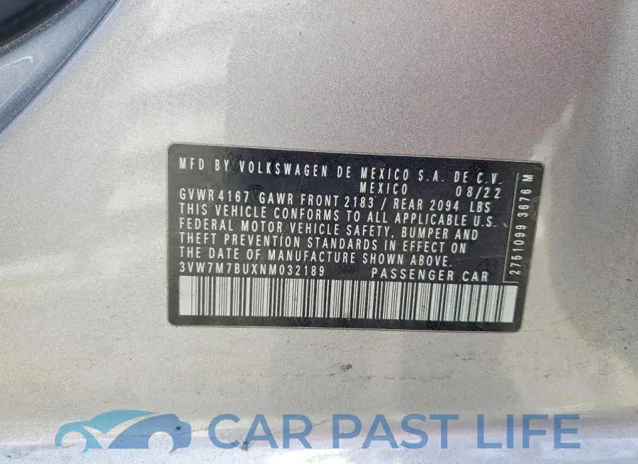 3VW7M7BUXNM032189# 12