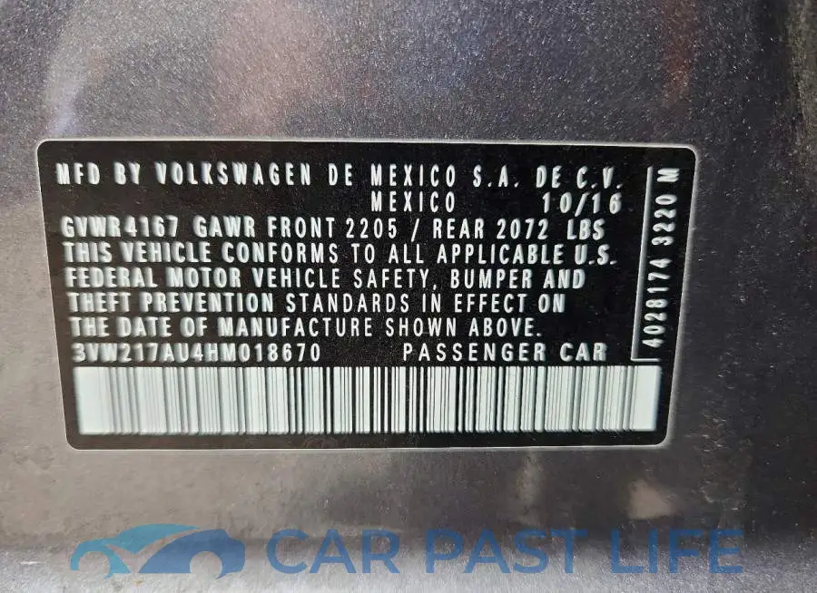 3VW217AU4HM018670# 12