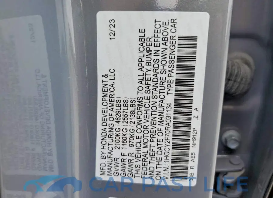 1HGCY2F70RA031134# 12