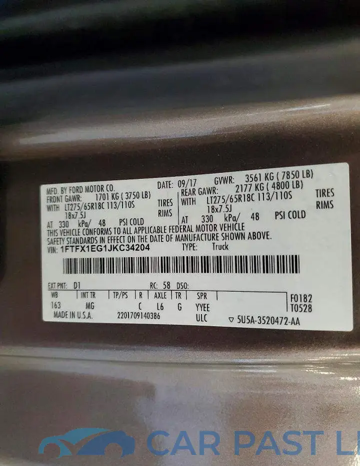 1FTFX1EG1JKC34204# 12