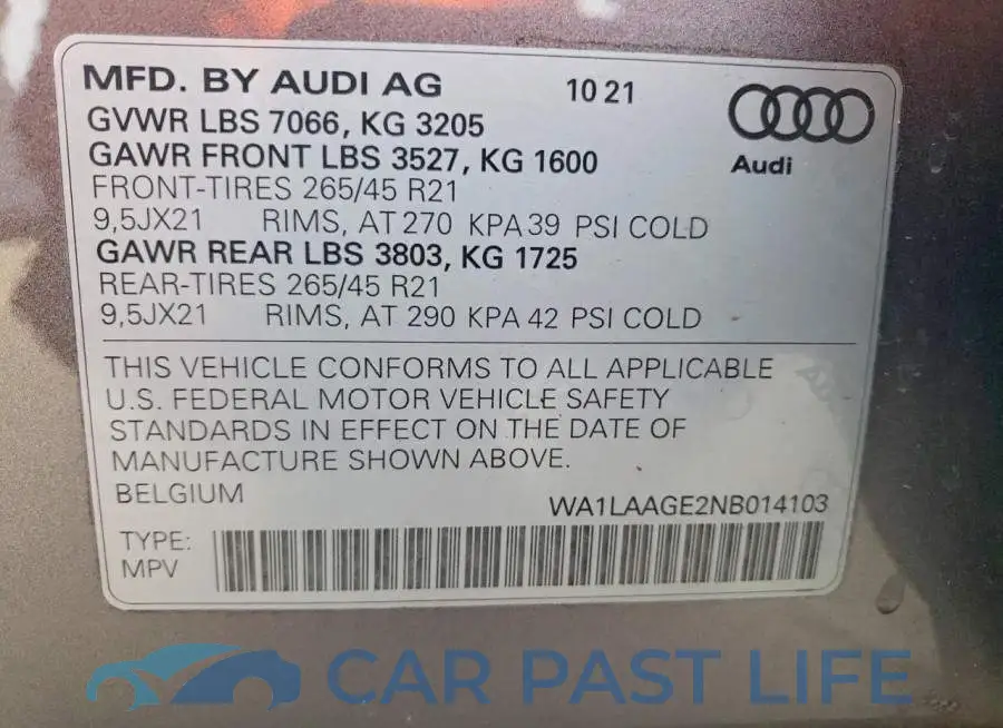 WA1LAAGE2NB014103# 12