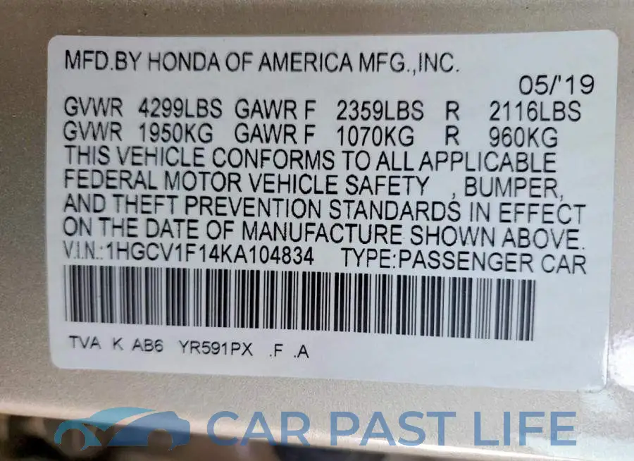 1HGCV1F14KA104834# 12