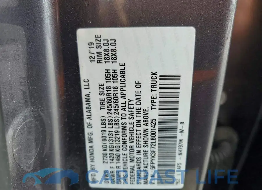 5FPYK3F72LB001425# 12
