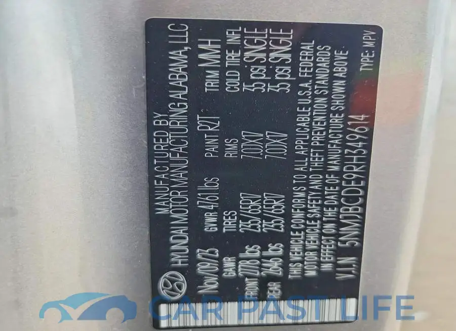 5NMJBCDE9RH349614# 14