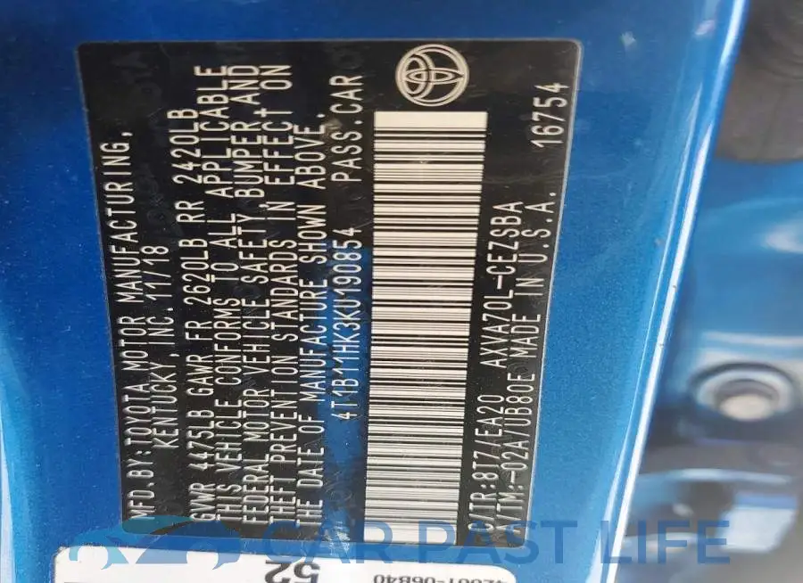 4T1B11HK3KU190854# 12